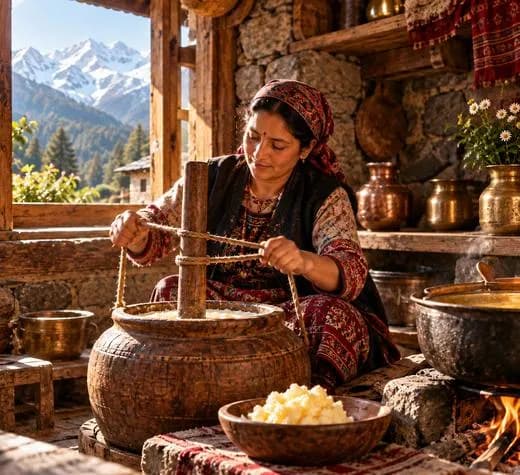 Traditional Bilona method โ curd being churned by hand in a wooden pot