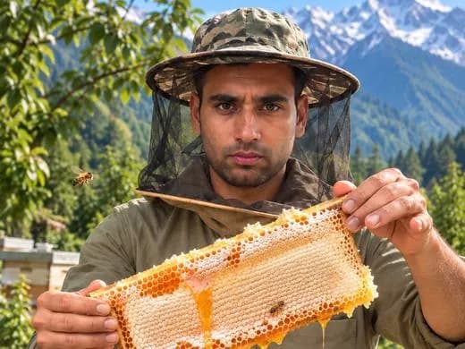 A beekeeper holding up a honeycomb frame dripping with honey