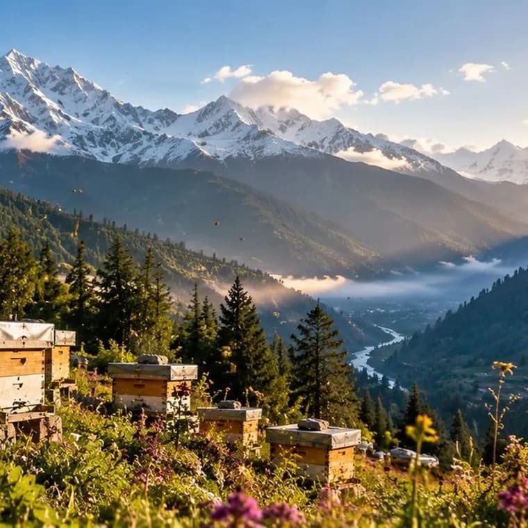 Snow-capped Himalayan peaks above forested valleys, the origin of HimVeda by Pahadi Roots