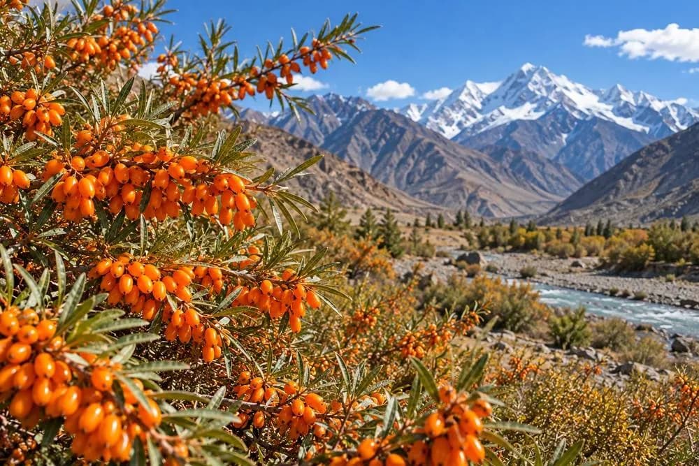 Wild sea buckthorn berries on the branch above a glacial river valley